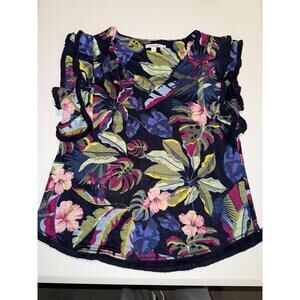 Chicos womens linen floral short sleeve shirt top v-neck medium sz 1 dark